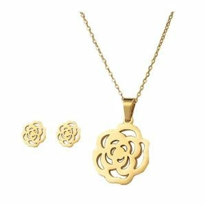 Ladies 2 In 1 Vintage Earrings and Necklace Set-Gold-Flower Rose