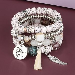 4 IN 1 elastic and retractable Multilayer Tassel Charm Hand Beaded Bracelet Set - White