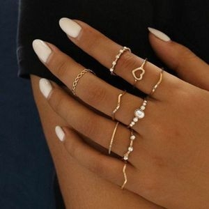 9 In 1 Gold Knuckle Ring Set Love Rhinestone Rings For Women