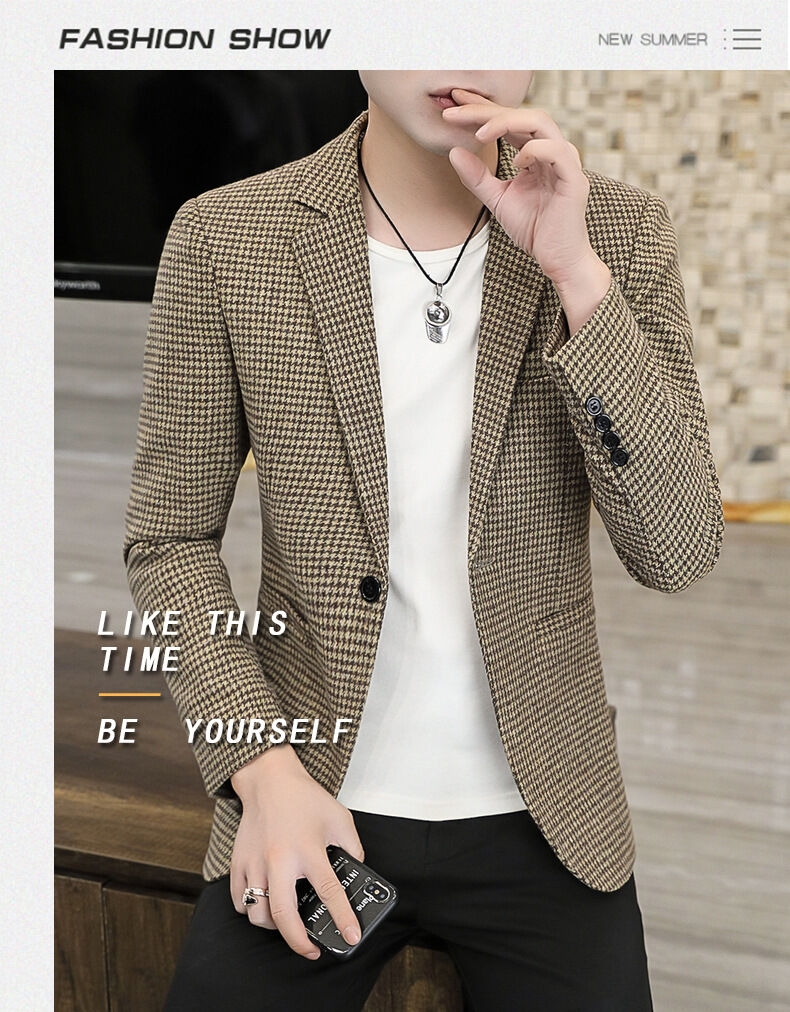 Fashion Men Plaid Lapel Slim Fit Blazer Jacket Coat One Button