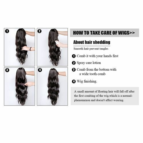 Wig Material: synthetic fiber, it's made of high-temperature wire, it feels and looks like real hair Wig Type: Selected heat resistant synthetic fiber, looks real, nature, very pretty, which will bring you more confidence and more charm.Helps you have the perfect look for Halloween, concerts, theme parties, weddings, dating, and any other occasion. COLOR: the absolutely  color of the wig will match your color, make you more beautiful and sexy, just like healthy natural hair does. Length:The size fit most People; you can adjust the hook inside the cap to the correct size to suit your head Please Note: All wigs will shed slightly especially when you wear for the first time, which is normal.