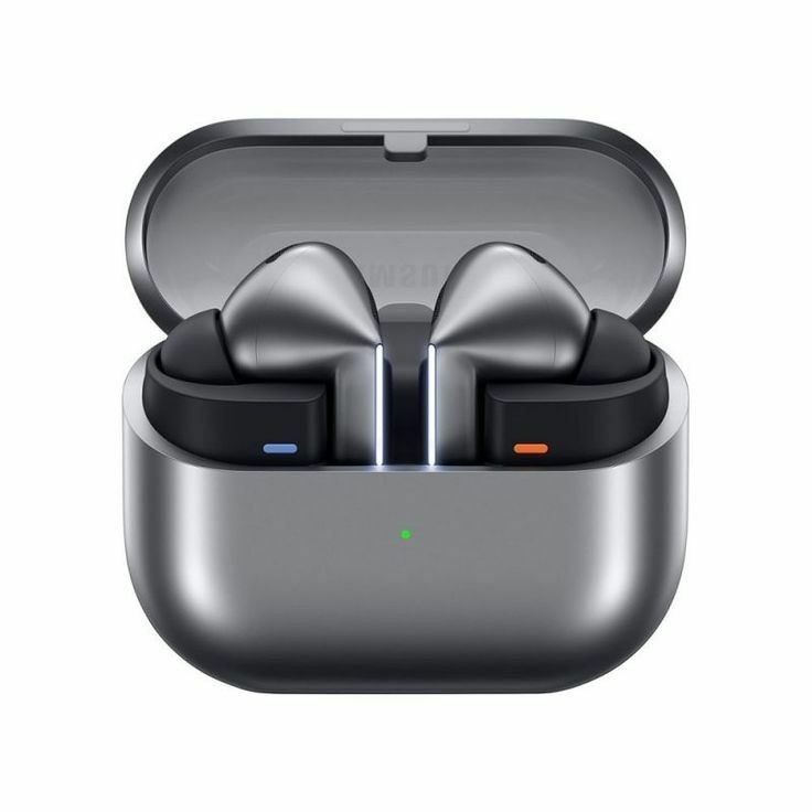 This may contain: an image of two silver earphones in their case on a white background with the lid open