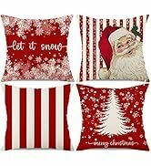 KACOPOL Christmas Pillow Covers 18x18 Set of 4 Red Stripe Santa Merry Christmas Tree Let It Snow ...