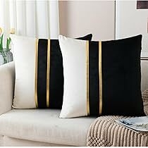 ZLINA Set of 2 Velvet Decorative Throw Pillow Covers Black White Patchwork with Gold Leather Pillow Covers 18 × 18 Inch Cushi