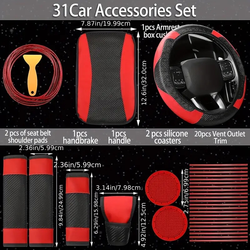 30pcs car supplies set pu leather anti slip steering wheel cover car air vent decor strip air conditioning insert strip with installation tool 1