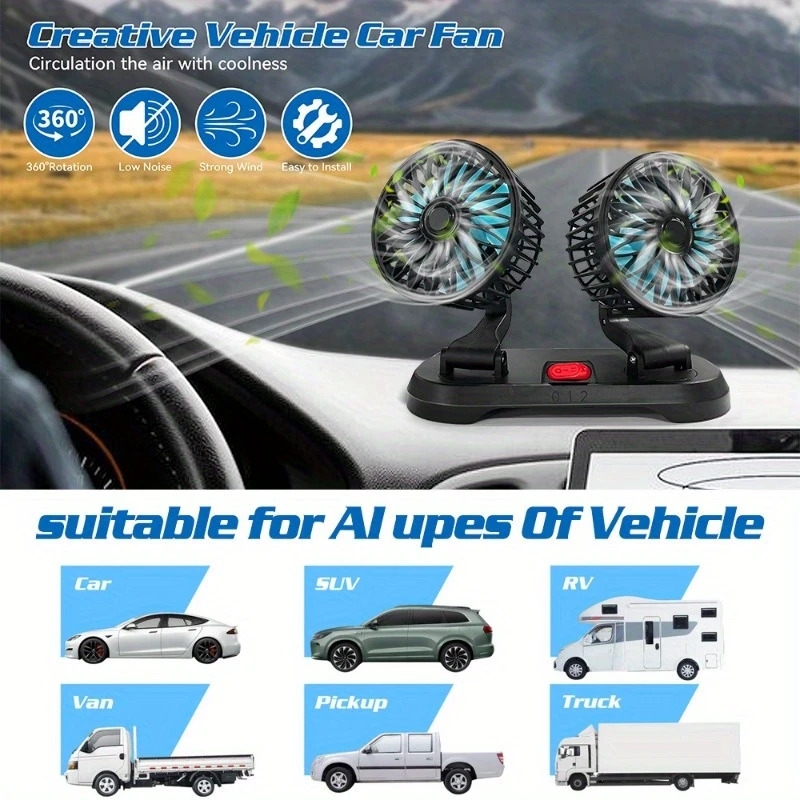 便携式双头冷却电风扇，2速可调，360°旋转，点烟器插头/usb供电，夏天工作学习行车清凉好物，适用于汽车通用、家庭办公室桌面 详情 2
