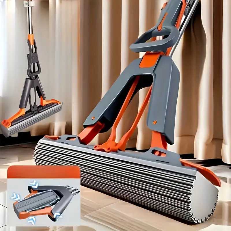 多功能双折泡棉拖把，附2个替换头，海绵拖把半折即可挤出水，无需洗手，加大加厚吸水一扫清洁懒人地板清洁神器拖把 详情 0