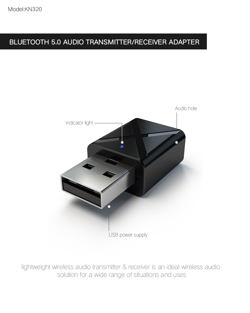 KN320 2 in 1 USB Bluetooth 5.0 Transmitter Receiver AUX Audio Adapter for TV/PC/Car USB Bluetooth Transmitter Receiver