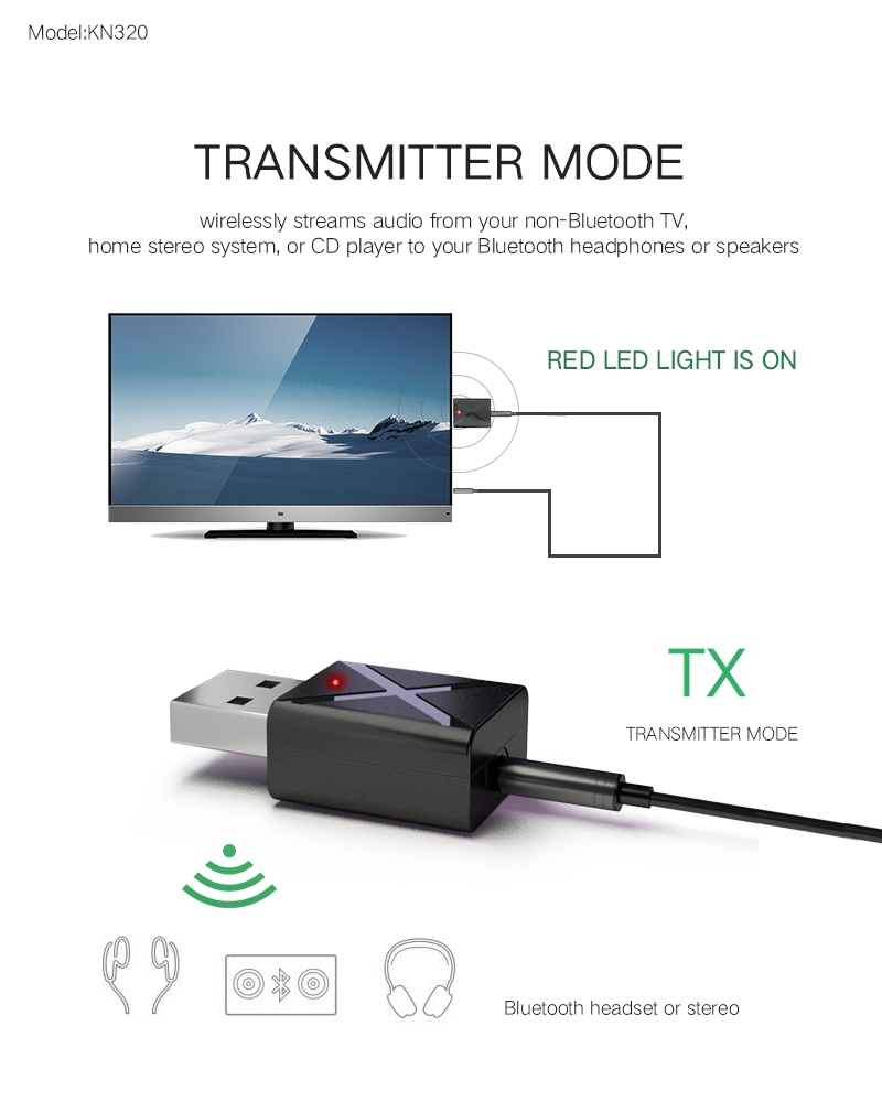 KN320 2 in 1 USB Bluetooth 5.0 Transmitter Receiver AUX Audio Adapter for TV/PC/Car USB Bluetooth Transmitter Receiver