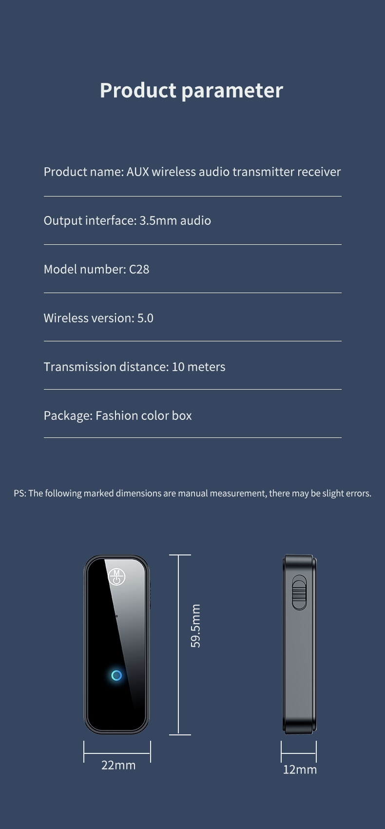 HIGI C28 5.0 2 in 1 Wireless 3.5mm AUX Stereo Audio Receiver Bluetooth Receiver and Transmitter with 140mah battery