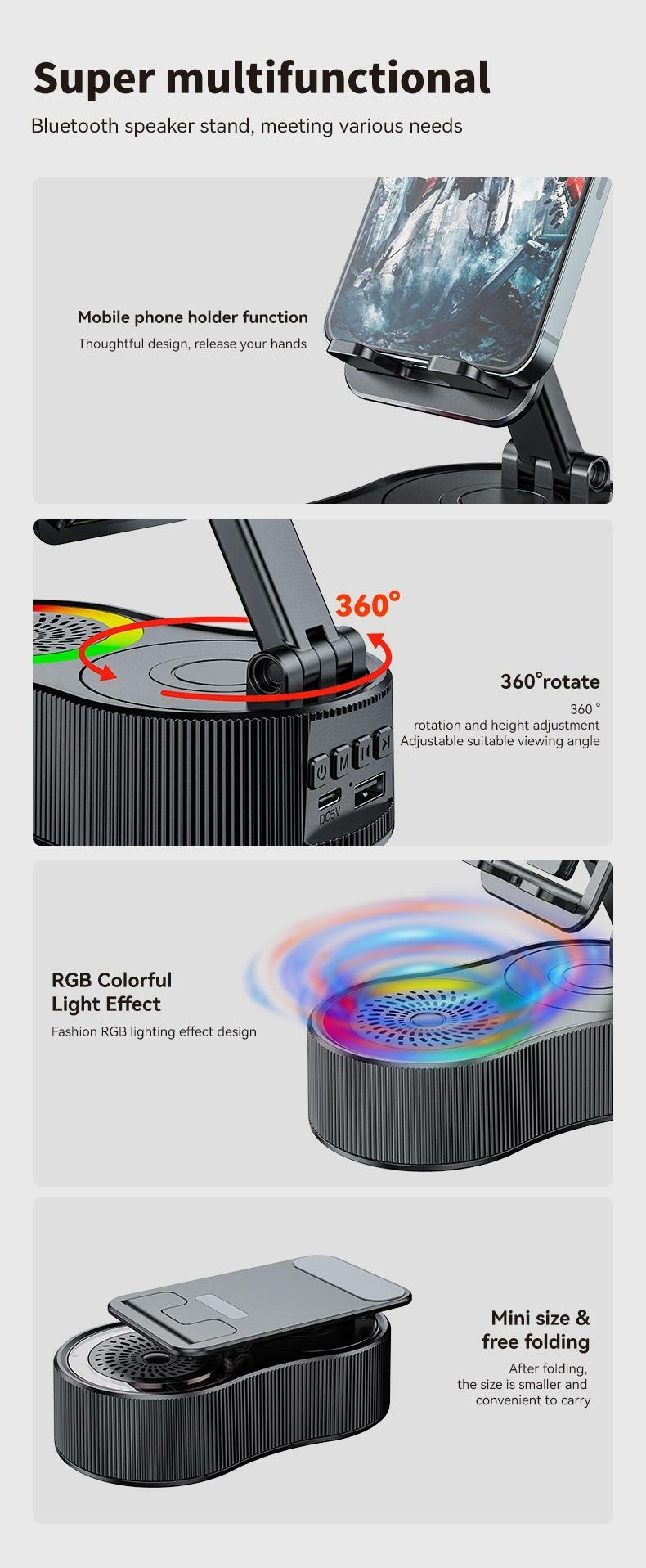 Product Introduction of 4 in 1 Wireless Audio Bluetooth Speaker, 360°Rotation Mount for Phones & Tablet, EmergencyPower Bank (1500 mAh), LED Desktop CellphoneStand Accessories, Bluetooth 5.0 FM HD, Wireless Stereo Pairing, Speaker for Home,Outdoors, Travel Smartphon 2