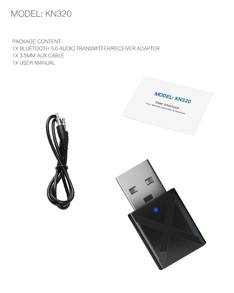 KN320 2 in 1 USB Bluetooth 5.0 Transmitter Receiver AUX Audio Adapter for TV/PC/Car USB Bluetooth Transmitter Receiver