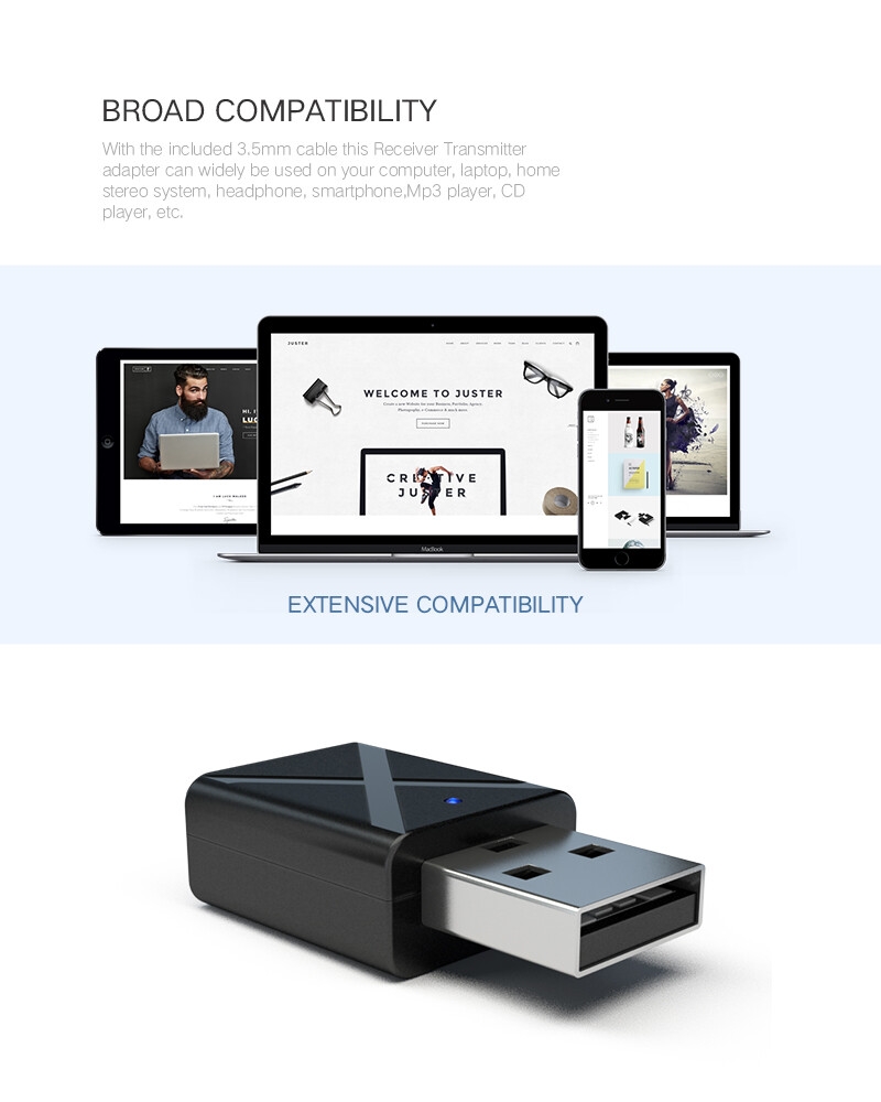 KN320 2 in 1 USB Bluetooth 5.0 Transmitter Receiver AUX Audio Adapter for TV/PC/Car USB Bluetooth Transmitter Receiver