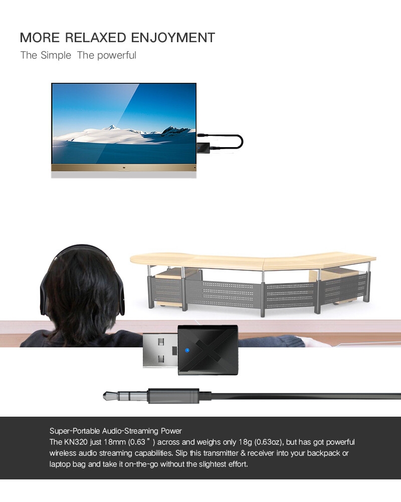 KN320 2 in 1 USB Bluetooth 5.0 Transmitter Receiver AUX Audio Adapter for TV/PC/Car USB Bluetooth Transmitter Receiver