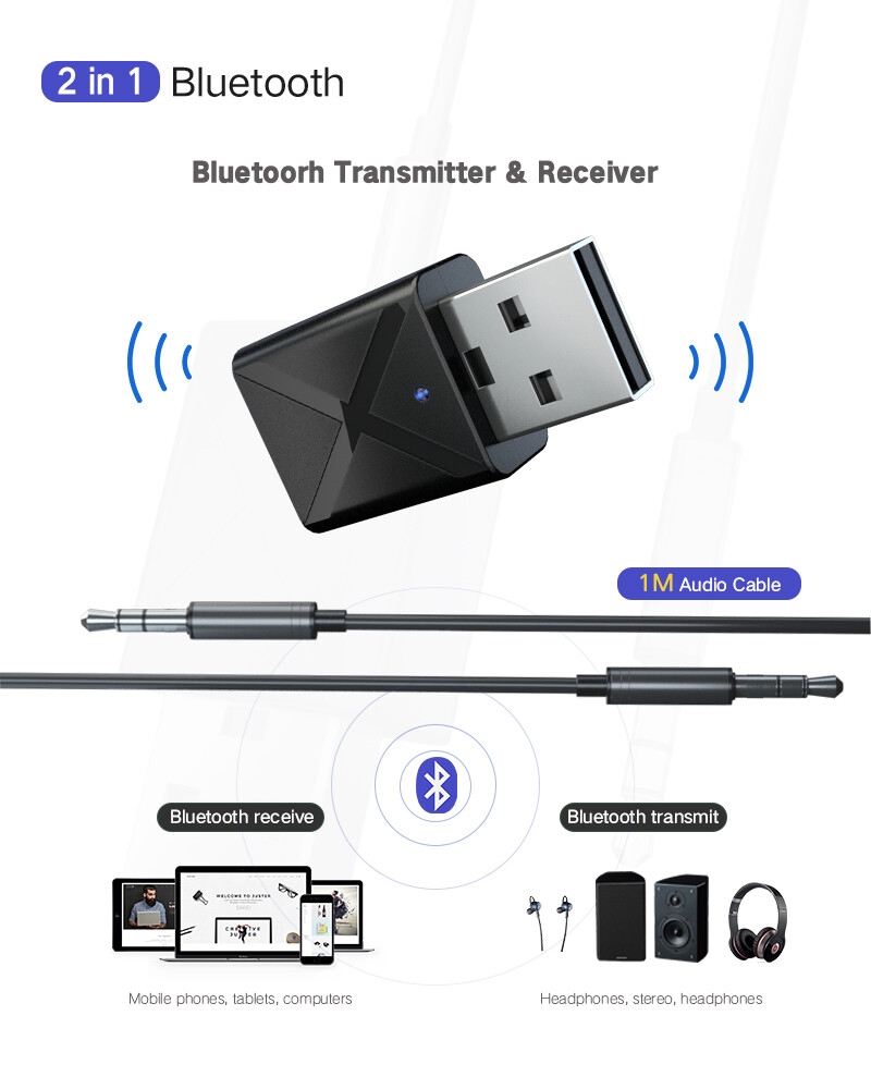 KN320 2 in 1 USB Bluetooth 5.0 Transmitter Receiver AUX Audio Adapter for TV/PC/Car USB Bluetooth Transmitter Receiver