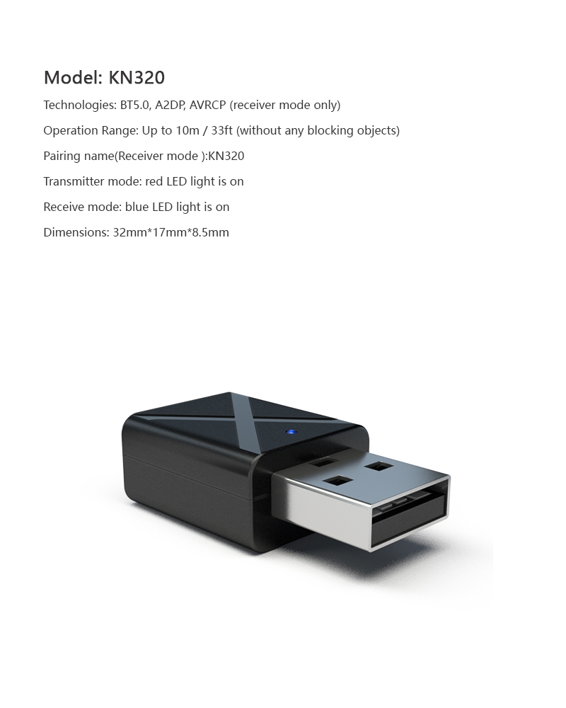 KN320 2 in 1 USB Bluetooth 5.0 Transmitter Receiver AUX Audio Adapter for TV/PC/Car USB Bluetooth Transmitter Receiver