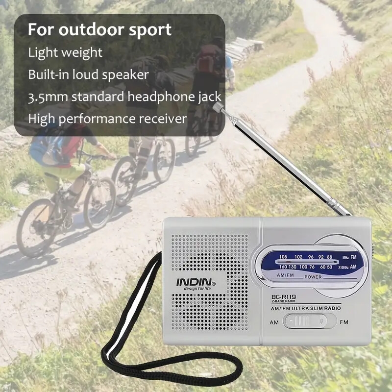 一台迷你便携式am/fm收音机，  bc-r119，led显示，高灵敏度，非防水，兼容耳机，收音信号接收，纤薄设计，配有40mm扬声器，适合家庭、户外和紧急使用 - 不含电池 商品详情 5