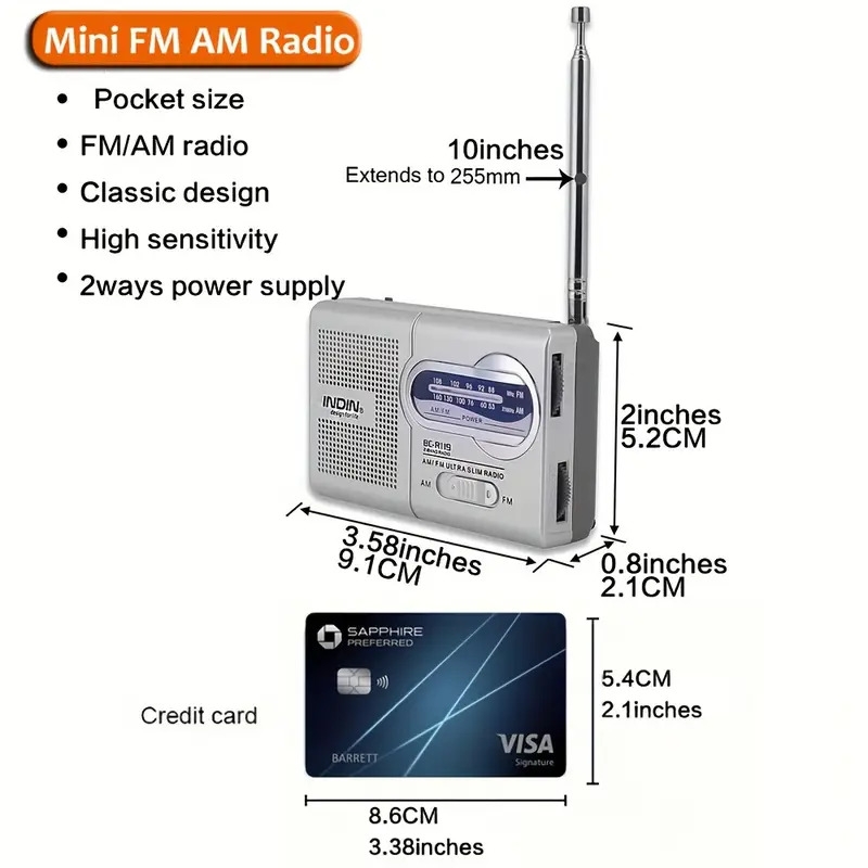 一台迷你便携式am/fm收音机，  bc-r119，led显示，高灵敏度，非防水，兼容耳机，收音信号接收，纤薄设计，配有40mm扬声器，适合家庭、户外和紧急使用 - 不含电池 商品详情 3