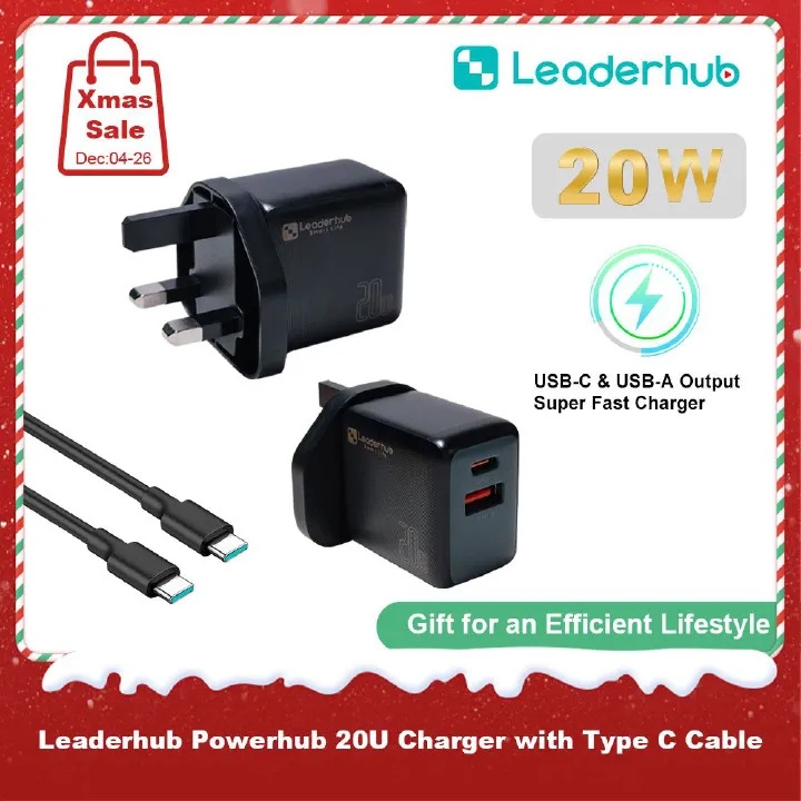 Leaderhub 20U/10U UK Plug Wall Charger 20W USB A + USB C Port Fast Charger and 10.5W Dual USB Ports Smartphone Adapter(UK Plug Black)