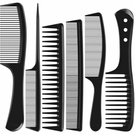 6 PCS Hair Comb Set Black, Durable Wide and Fine Tooth Rat Tail Hair Barber Comb for Women & Man, Professional Combs for Wet Curly Natural Hair Detangling Parting Teasing Styling & Cutting