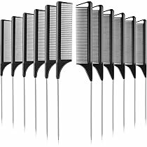 12 Pieces Rat Tail Comb Carbon Fiber Parting Set, Stainless Steel Tail Hair Comb Heat Resistant Teasing for Braid Hair Salon