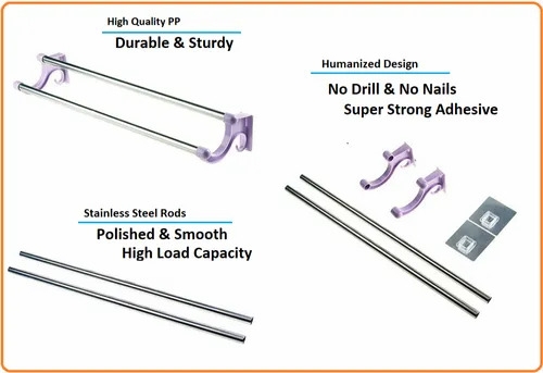 Wall Mounted Polished Stainless Steel Self Adhesive Towel Rack, Size: 55 X 14 X 7cm