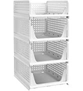 PINKPUM Stackable Plastic Storage Basket-Foldable Closet Organizers and Storage Bins 4 Pack-Drawe...