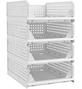 PINKPUM Stackable Plastic Storage Basket-Foldable Closet Organizers and Storage Bins 4 Pack-Drawe...