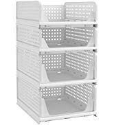 PINKPUM Stackable Plastic Storage Basket-Foldable Closet Organizers and Storage Bins 4 Pack-Drawe...