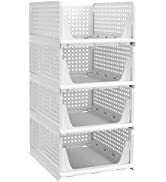Pinkpum Stackable Plastic Storage Basket-Foldable Closet Organizers and Storage Bins 4 Pack-Drawe...