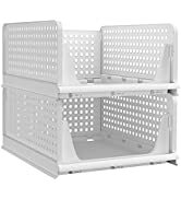 PINKPUM Stackable Plastic Storage Basket-Foldable Closet Organizers and Storage Bins 2 Pack-Drawe...