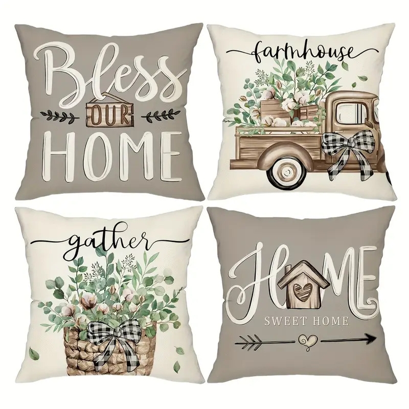 4个农家风抱枕套，18*18英寸桉树叶装饰卡车甜蜜家园春夏靠垫套，家居装饰礼物，适用于门廊、庭院、沙发、客厅、户外，不含抱枕芯 商品详情 5