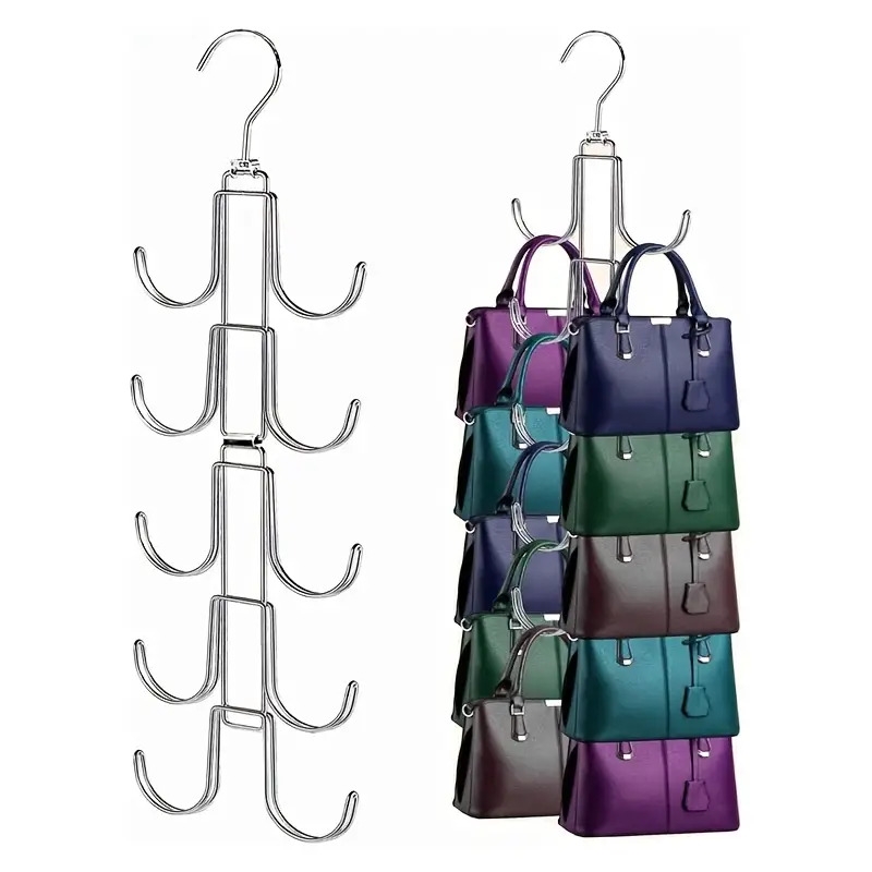 1pc foldable metal handbag organizer 10 hook 5 layer space saving wardrobe storage rack polished chrome bedroom accessory for handbags belts scarves ties caps details 0
