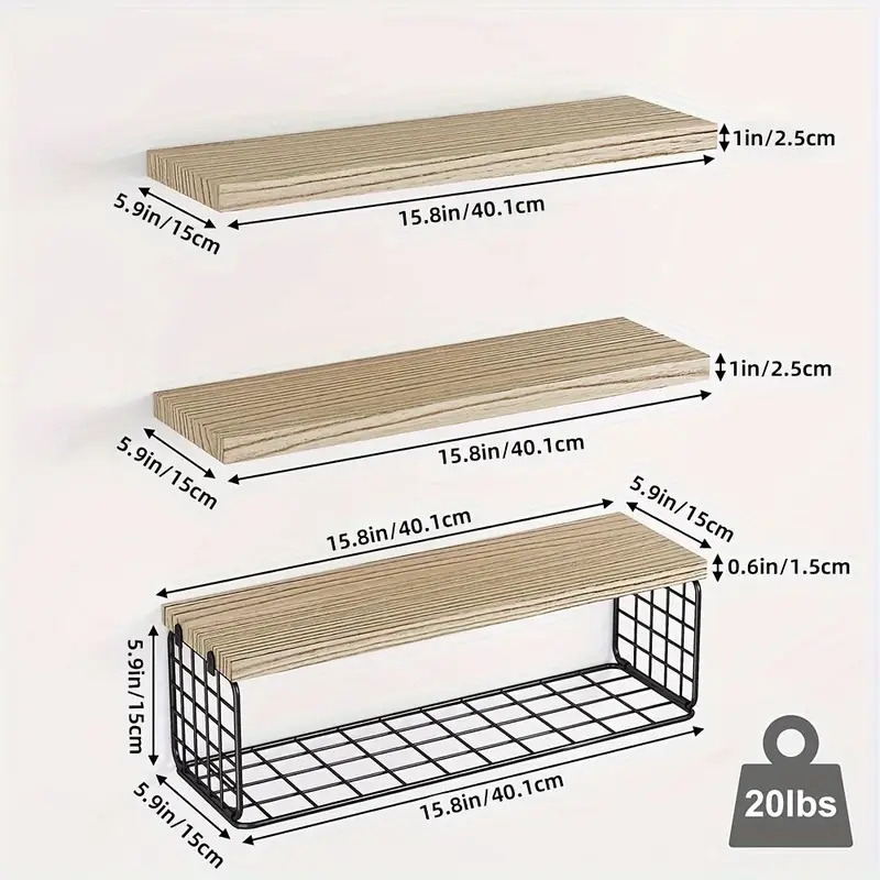 3pcs set bathroom floating shelves wall mounted floating shelves with grid storage baskets used for decorating farmhouses in bathrooms living rooms bedrooms and kitchens multi color 15 8x5 9inches details 2