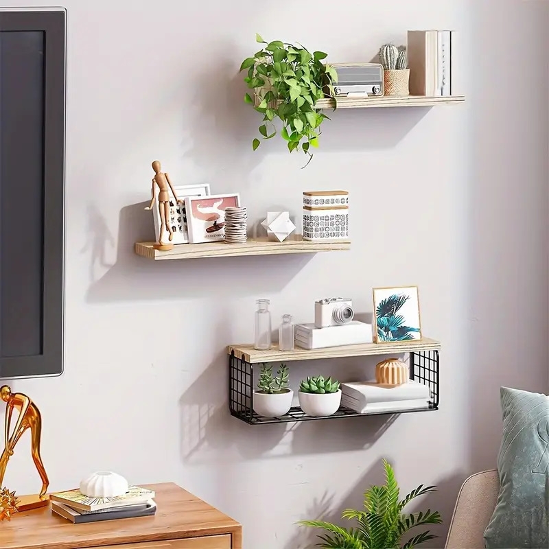 3pcs set bathroom floating shelves wall mounted floating shelves with grid storage baskets used for decorating farmhouses in bathrooms living rooms bedrooms and kitchens multi color 15 8x5 9inches details 4