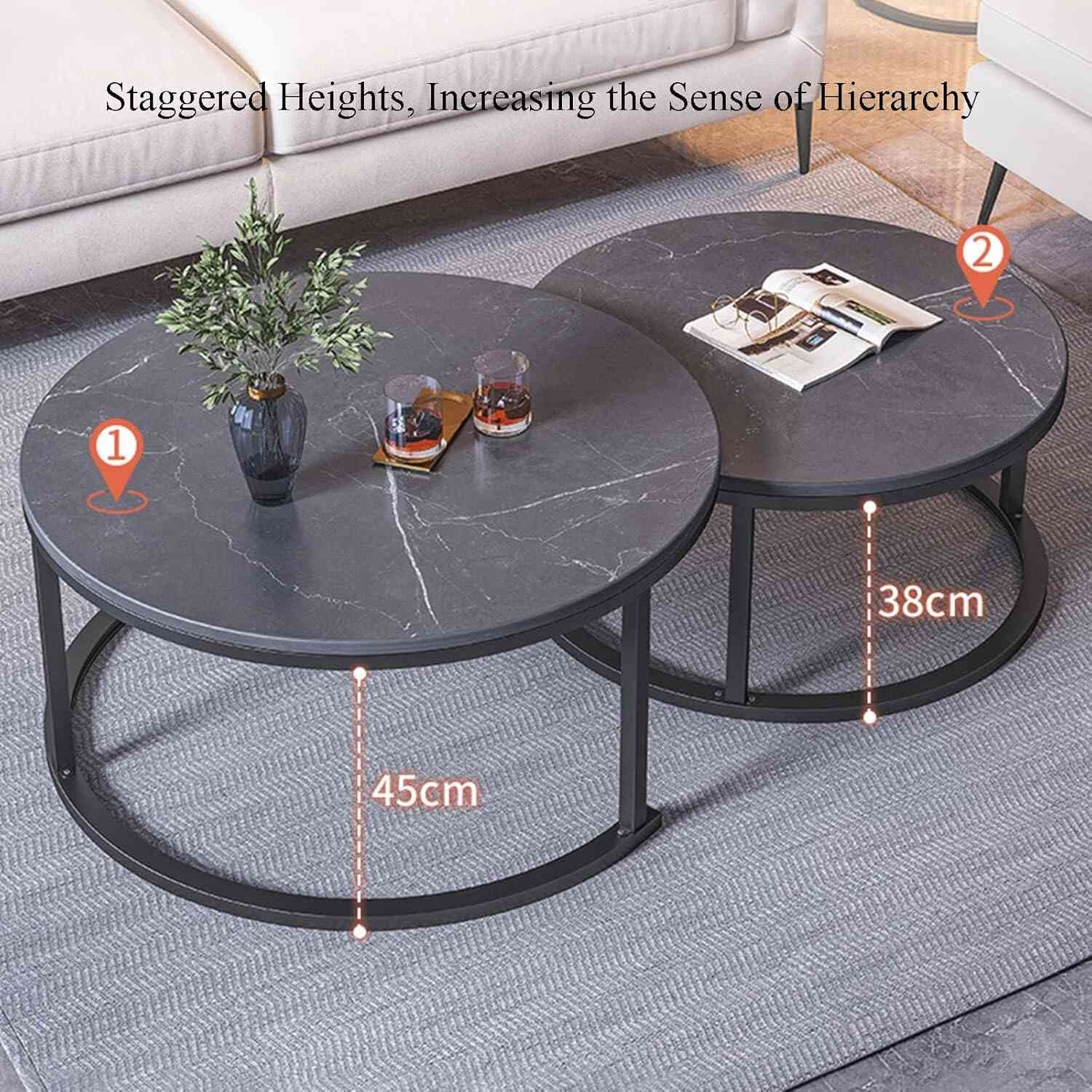 Set Of 2 Nesting Of Round Coffee Table Set Black End Table With Marble Look Table Top And Metal Frame Sofa Side Table Snack Table Corner End Tea Table For Living Room, MULTICOLOUR 4dec8f734849f3e28e3d0f803180db90