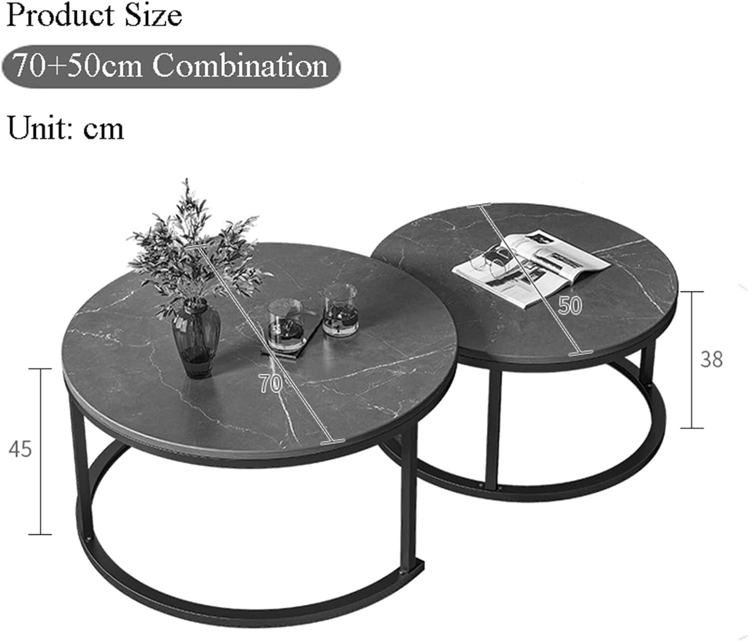 Set Of 2 Nesting Of Round Coffee Table Set Black End Table With Marble Look Table Top And Metal Frame Sofa Side Table Snack Table Corner End Tea Table For Living Room, MULTICOLOUR B547ff5dd4ff5767da392f2cda183ce0