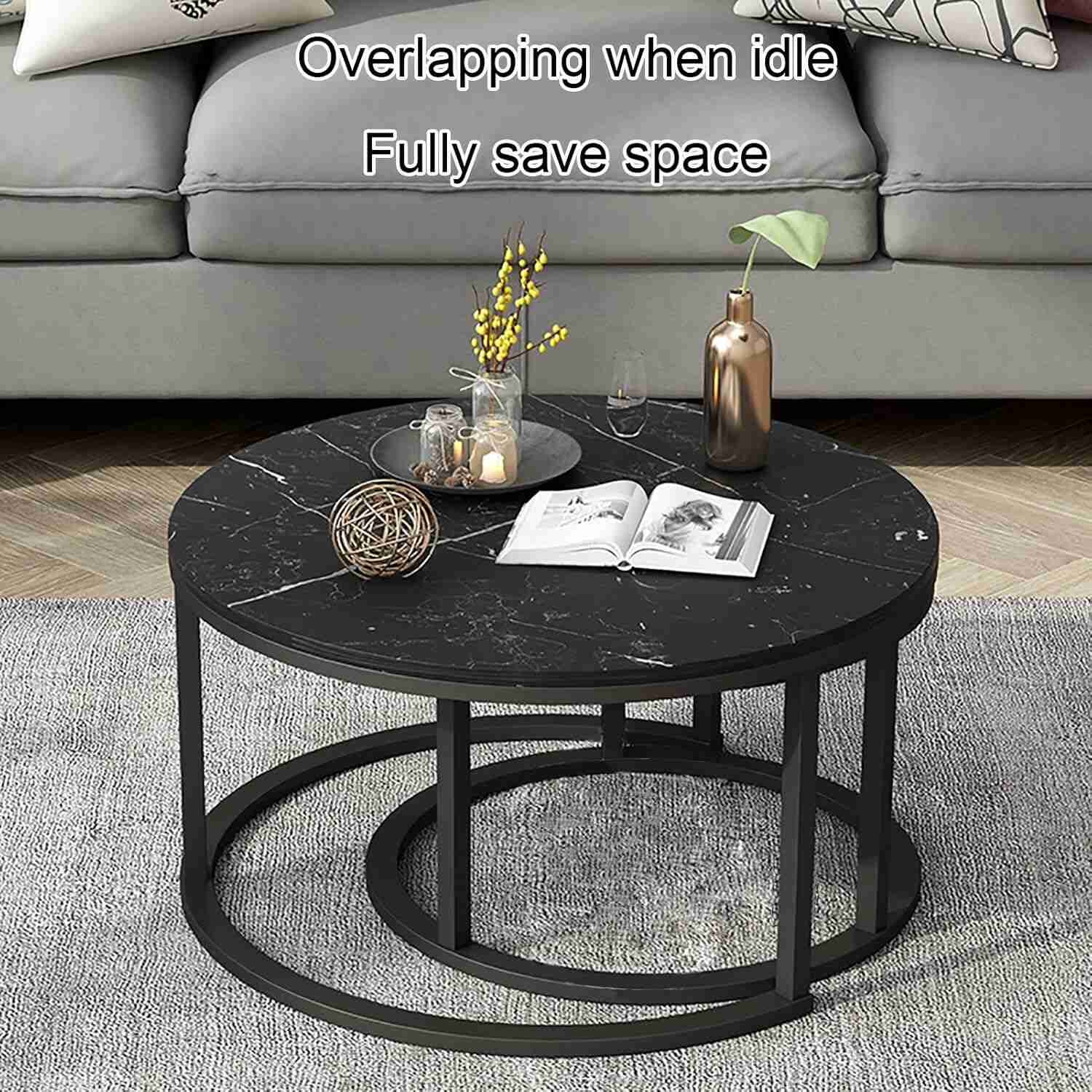 Set Of 2 Nesting Of Round Coffee Table Set Black End Table With Marble Look Table Top And Metal Frame Sofa Side Table Snack Table Corner End Tea Table For Living Room, MULTICOLOUR C27ae3999b9e0672a2154826aaa6bb15