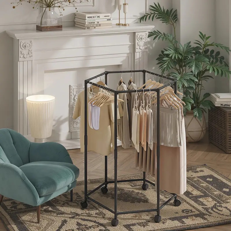 360°旋转六角衣架 - 节省空间碳钢独立式收纳架，承重15磅，现代黑白设计，适用于卧室、宿舍、洗衣房及移动晾衣架，宿舍衣物整理解决方案 商品详情 0