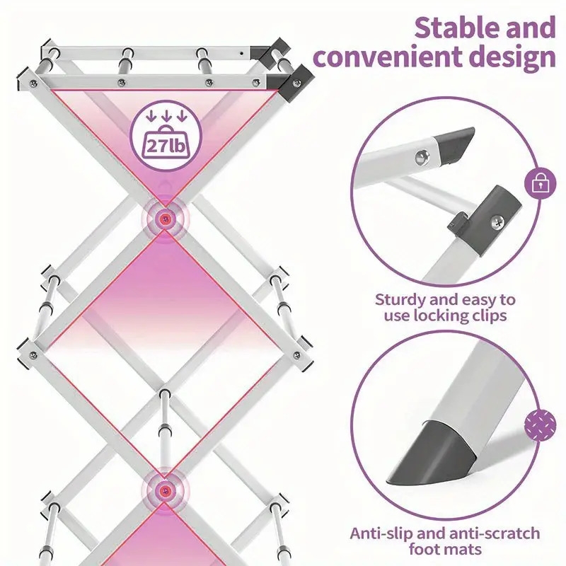 重型不锈钢折叠晾衣架 - 独立式，带加固厚管，可承受 80 磅，公寓和宿舍节省空间设计，非常适合衣服、毛巾、帽子和配件、洗衣晾衣架 |多功能储存|耐用的金属框架、毛巾架、烘干架 详情 3