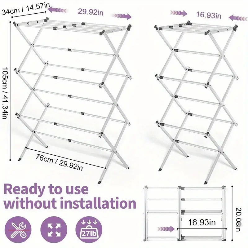 重型不锈钢折叠晾衣架 - 独立式，带加固厚管，可承受 80 磅，公寓和宿舍节省空间设计，非常适合衣服、毛巾、帽子和配件、洗衣晾衣架 |多功能储存|耐用的金属框架、毛巾架、烘干架 详情 9