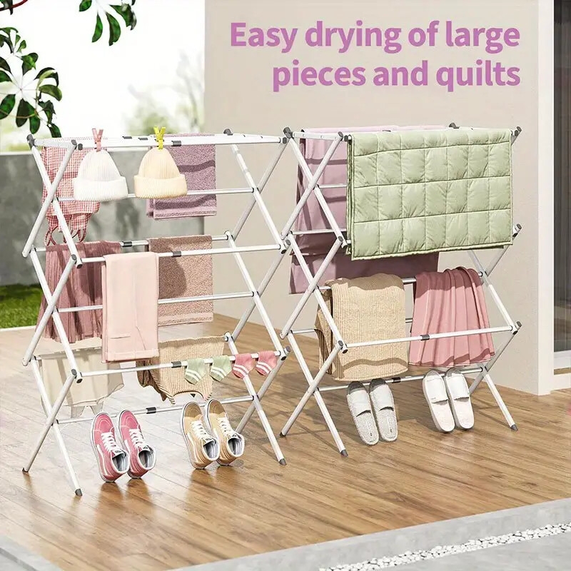 重型不锈钢折叠晾衣架 - 独立式，带加固厚管，可承受 80 磅，公寓和宿舍节省空间设计，非常适合衣服、毛巾、帽子和配件、洗衣晾衣架 |多功能储存|耐用的金属框架、毛巾架、烘干架 详情 7