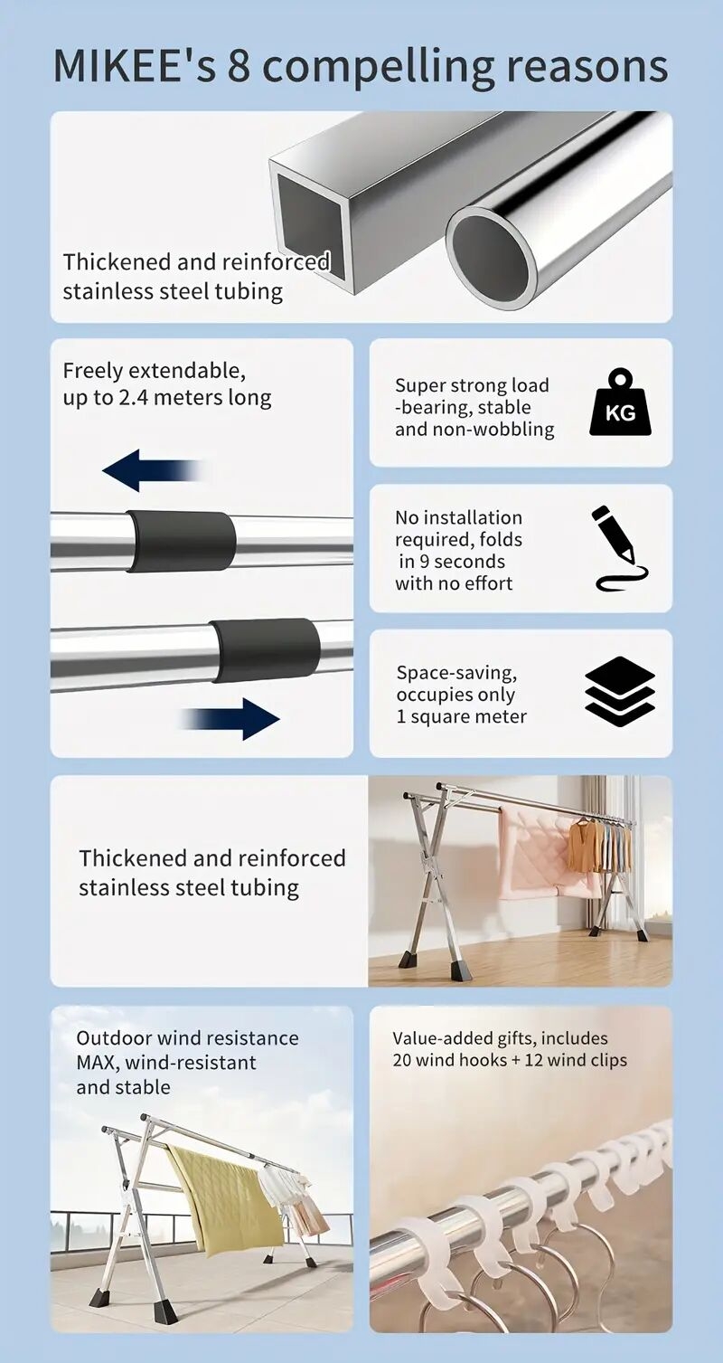   重型晾衣架，53.15-94.49 可伸缩 x 型架，耐用金属可折叠晾衣架，适用于室内和室外，节省空间，晾衣架 商品详情 3