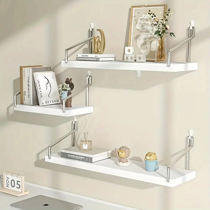 3pcs floating shelves set wall mounted wood utility racks multipurpose display shelves for books plants and decor with no metal pipes for living room and study details 2