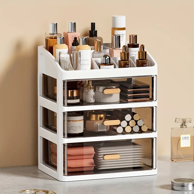 cosmetic organizer display case multi layer plastic storage box with transparent drawers tension mount polished   mildew resistant alcohol free desktop makeup and data cable organizer 0