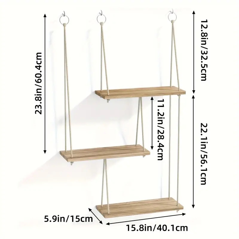 三层浮动壁架，波西米亚风格墙壁装饰植物架，悬挂式架子，绳索乡村风格整理收纳架，家居装饰，适用于客厅、浴室、办公室、车库、卧室、厨房整理和装饰，圣诞节装饰 详情 5