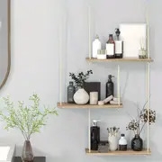 三层浮动壁架，波西米亚风格墙壁装饰植物架，悬挂式架子，绳索乡村风格整理收纳架，家居装饰，适用于客厅、浴室、办公室、车库、卧室、厨房整理和装饰，圣诞节装饰 详情 0