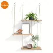 三层浮动壁架，波西米亚风格墙壁装饰植物架，悬挂式架子，绳索乡村风格整理收纳架，家居装饰，适用于客厅、浴室、办公室、车库、卧室、厨房整理和装饰，圣诞节装饰 详情 1
