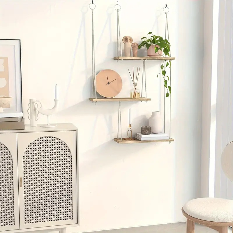 三层浮动壁架，波西米亚风格墙壁装饰植物架，悬挂式架子，绳索乡村风格整理收纳架，家居装饰，适用于客厅、浴室、办公室、车库、卧室、厨房整理和装饰，圣诞节装饰 详情 2