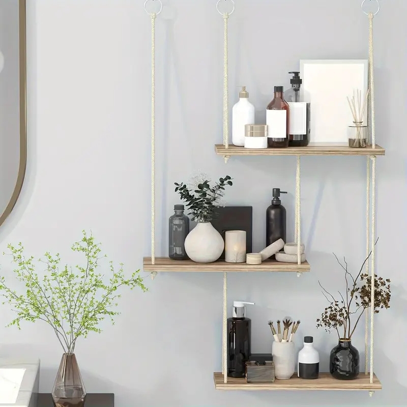 三层浮动壁架，波西米亚风格墙壁装饰植物架，悬挂式架子，绳索乡村风格整理收纳架，家居装饰，适用于客厅、浴室、办公室、车库、卧室、厨房整理和装饰，圣诞节装饰 详情 0